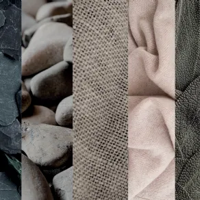 Le ispirazioni materiche dei 5 colori laccati: le pietre ardesia e basalto, i tessuti canapa e cashmere e le foglie di salvia