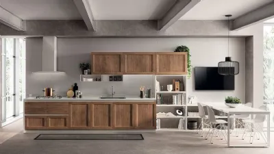 Composizione lineare Evolution by Scavolini, struttura in bianco e ante in decorativo rovere