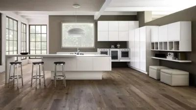 Cucina moderna Zenzero, impiallacciata in legno di rovere, laccato bianco opaco di Arrex le Cucine