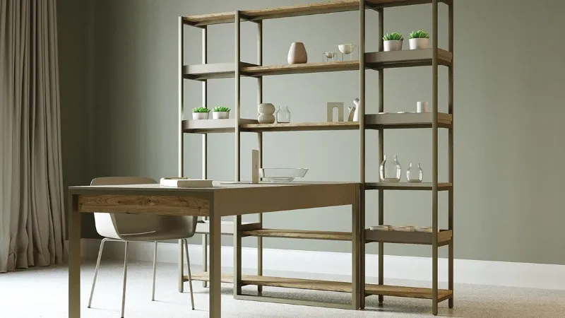 Tavolo scrittoio integrato nella libreria free-standing in alluminio Tribeca by Veneta Cucina