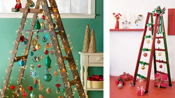 La scala opportunamente decorata diventa un albero di Natale