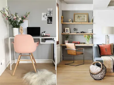 Due diversi stili d'arredo per un angolo studio in grigio. Fonte: Pinterest