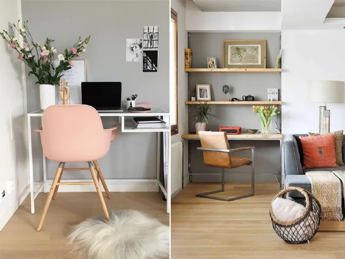 Due diversi stili d'arredo per un angolo studio in grigio. Fonte: Pinterest