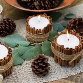 Candele per decoro tavola di Natale con cannella e pigne