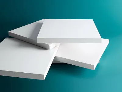 cinque laminati quadrangolari bianchi su sfondo blu pavone