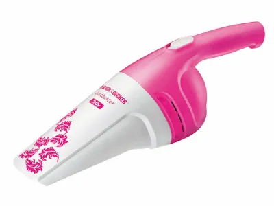 aspirapolvere a mano bianco e rosa con grafica a farfalle
