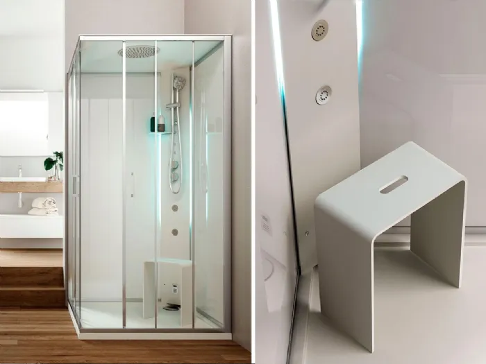 Metis di Glass 1989 è la cabina doccia multifunzione con apertura a battente