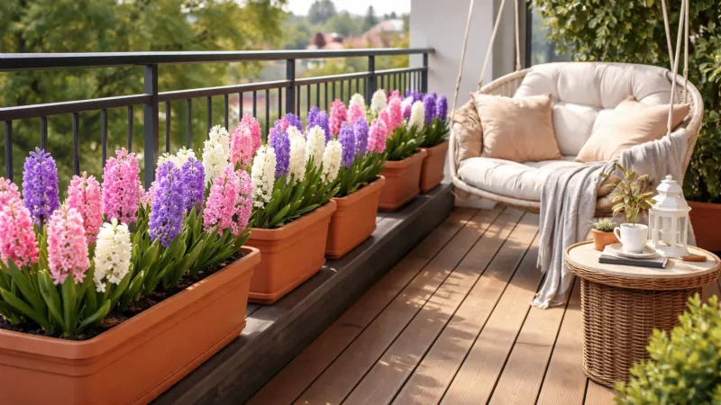 Giacinti sul balcone fiorito