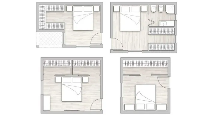 Ipotesi progettuali con diverse disposizioni di cabine armadio piccole in camera da letto