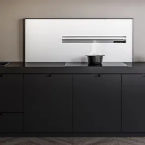 Air Wall di Falmec. Cappa aspirante  integrata nello schienale cucina in vetro retroilluminato