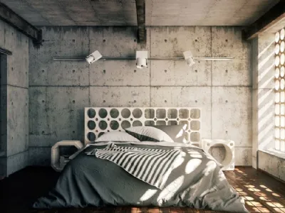 Camera da letto arredata in stile industriale