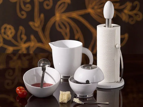 set complementi cucina bianco e acciaio: porta salsa con cucchiaio, caraffa, grattuggia, porta scottex