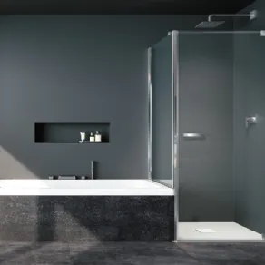 Il grigio intenso esalta la cabina doccia E-Lite EN+BN by Provex e il sottolavabo in legno vissuto
