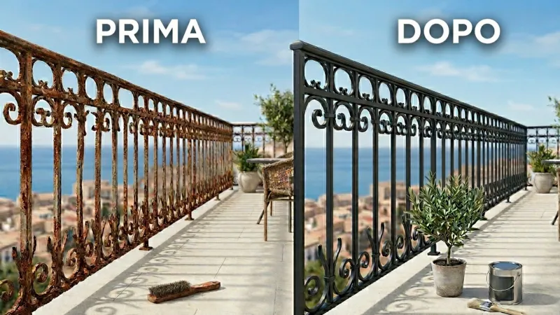 Ringhiera in ferro arrugginita, prima  e dopo il restauro