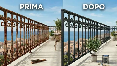 Ringhiera in ferro arrugginita, prima e dopo il restauro