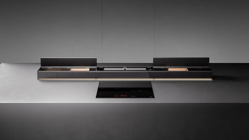 Monolith di Falmec, cappa aspirante con sistema di contenitori per la cucina integrato
