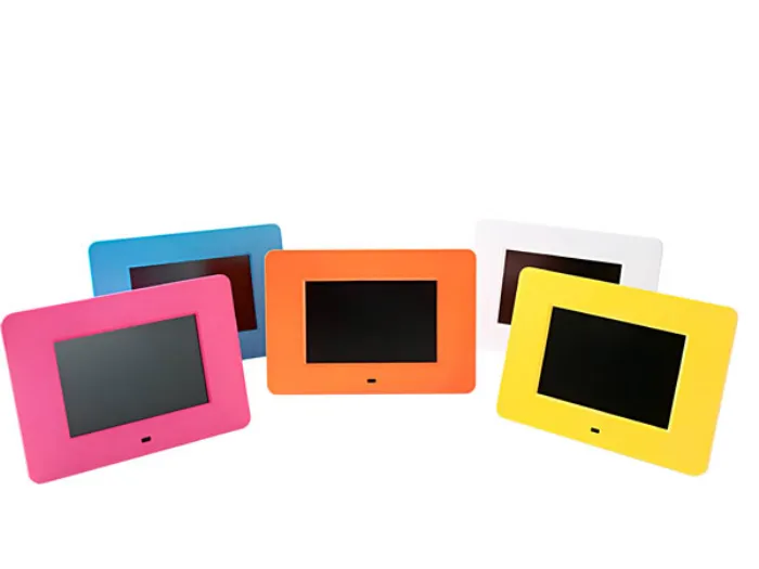 cinque cornici digitali nei colori, pink, blu, arancio, giallo e bianco