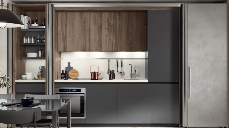 Cucina in linea Boxi in grigio ferro opaco e noce Garden di Scavolini