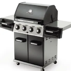 barbecue da esterni chiuso nero e acciaio con doppio piano di appoggio e quattro manopole piastra
