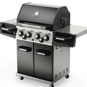 barbecue da esterni chiuso nero e acciaio con doppio piano di appoggio e sei manopole piastra