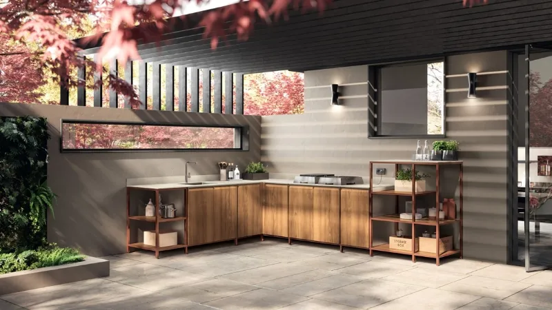 Tante le configurazioni, anche ad L, per Formalia Outdoor di Scavolini