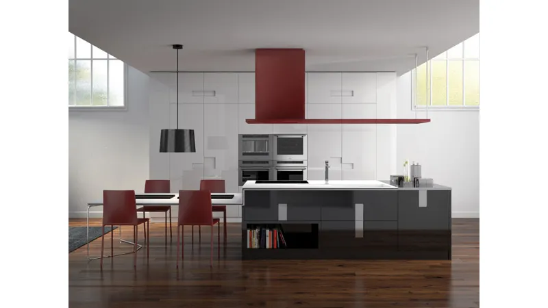 Cucina ampia e moderna bianca e rossa