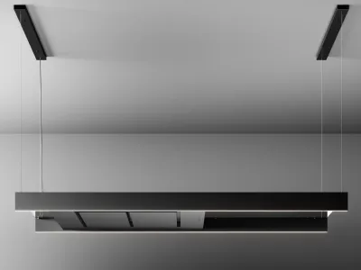 Light di Falmec, cappa aspirante a soffitto in vetro fumé e alluminio satinato nero