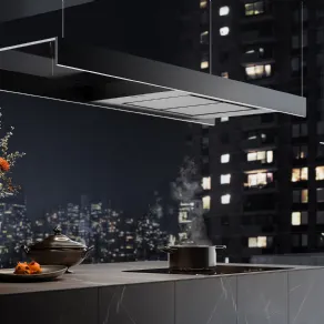 Light di Falmec, cappa aspirante a soffitto con illuminazione del piano di lavoro