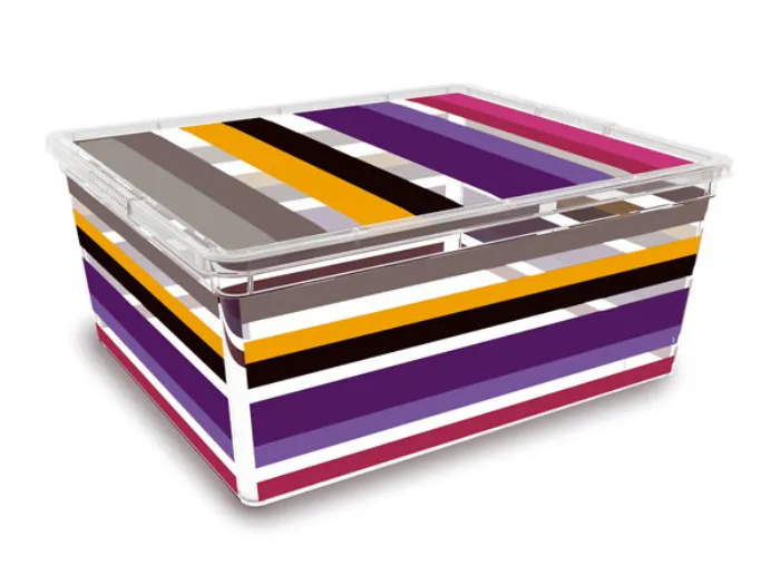 contenitore trasparente con fasce colorate rosa, viola, giallo, nero ed ecrù