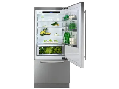 Frigoriferotecnologico con anta superiore aperta, contenente bevande, frutta e verdura