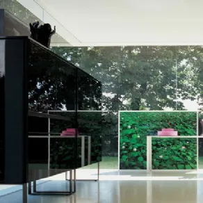 mobile da zona living in nero lucido, tavolino bianco con vaso bianco e fiori rosa, quadro con ninfee e parete vetrata