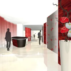 grafica 3D di ambiente business con pavimento color panna, pareti geometriche grigio e rosso, vaso con calle rosse e bianche in primo piano