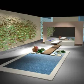 grafica 3D di piscina in interno a pavimento con decori verdi alle pareti