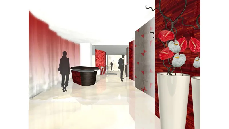 grafica 3D di ambiente business con pavimento color panna, pareti geometriche grigio e rosso, vaso con calle rosse e bianche in primo piano