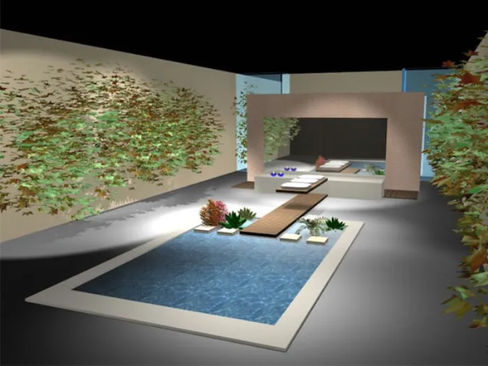 grafica 3D di piscina in interno a pavimento con decori verdi alle pareti