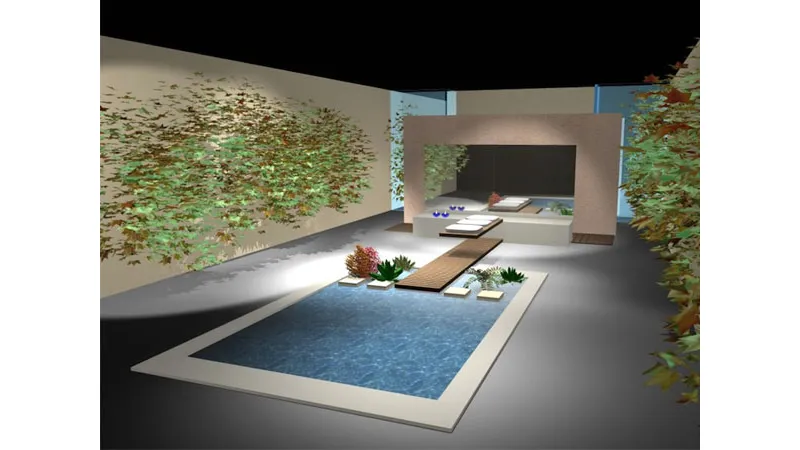 grafica 3D di piscina in interno a pavimento con decori verdi alle pareti