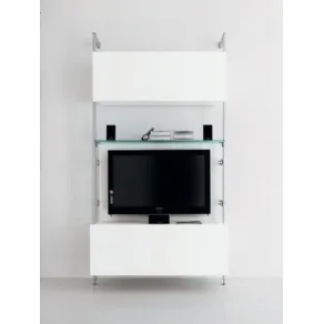 mobile televisione a parete bianco con ripiano in vetro e cavi in acciaio, tv a schermo piatto