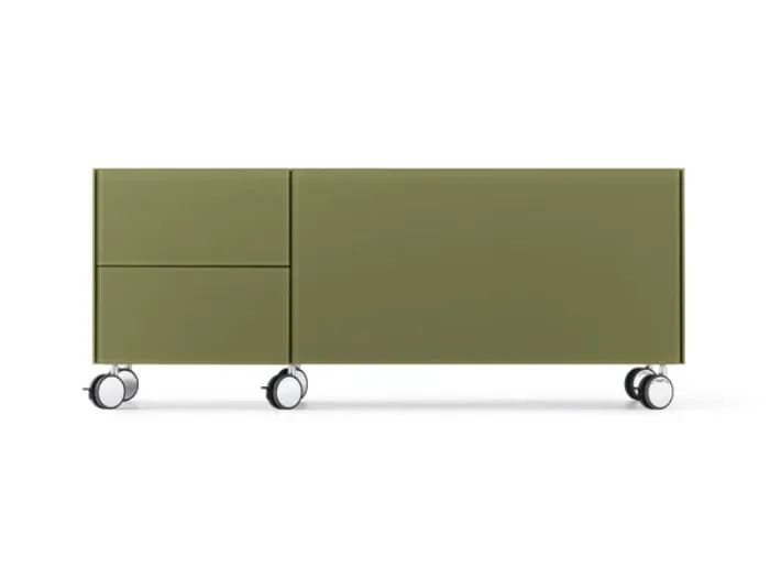 mobile modulare con due cassetti, color verde oliva, con rotelle