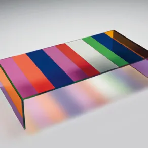 tavolino in cristallo trasparente a fasce colorate