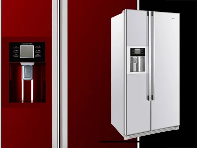 frigo bianco su sfondo nero e bourdeaux e dettaglio sulla sinistra dello sportello ghiaccio