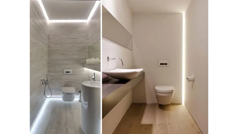 I tagli di luce con profili ad incasso sono ideali per illuminare un bagno piccolo