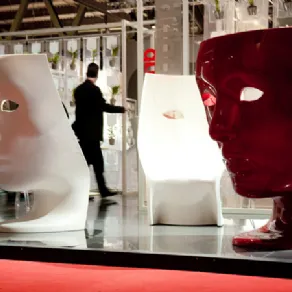 tre sedute a forma di maschera bianche e rosse in spazio espositivo
