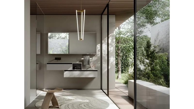 La composizione di Sense by Aqua con l'eleganza tecnica della maniglia in alluminio