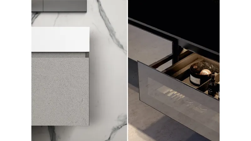 Ecomalta e vetro in primo piano per un progetto d'arredo sofisticato e di tendenza con i mobili bagno della collezione Cubik