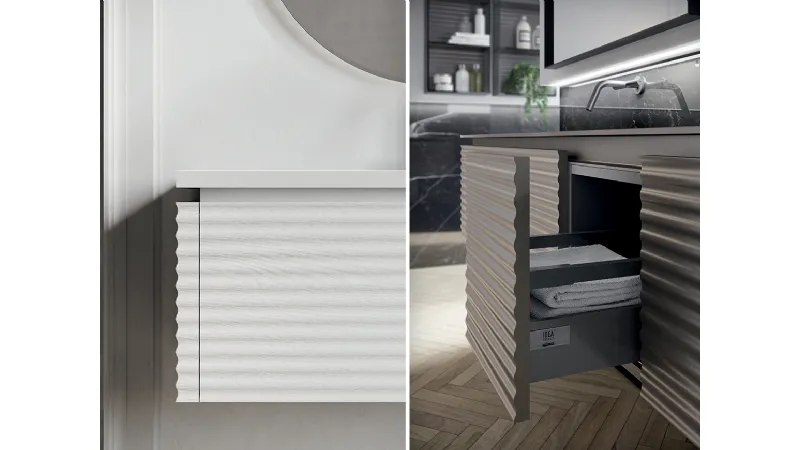 Un dettaglio della particolare forma dell'anta e della finitura dei pannelli 