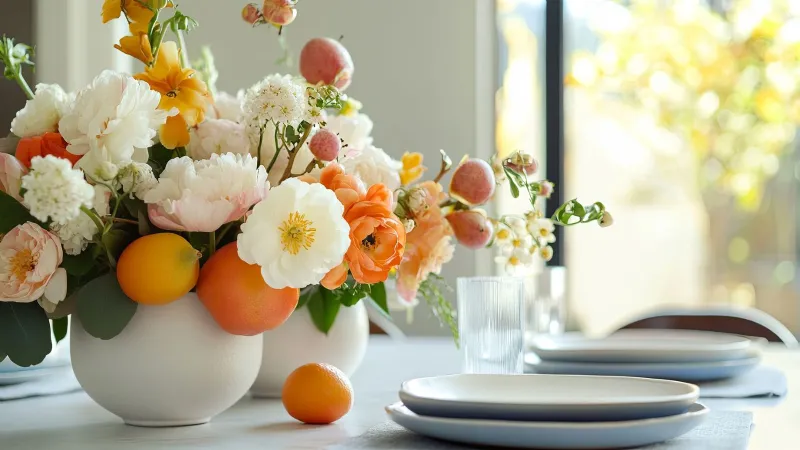 Centrotavola con fiori e frutta 