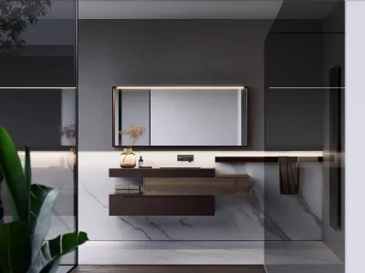 Eleganza e praticità si fondono all'interno di questo bagno contemporaneo arredato con una delle composizioni Nyù di Aqua by Ideagroup