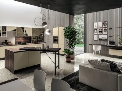 Mia di Aran Cucine. Cucina con living e zona home office integrata