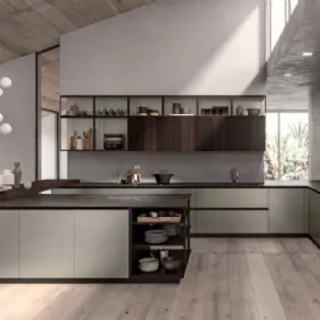 Area 22 Job di Diesse Cucine. Cucina con isola e tavolo in sospensione