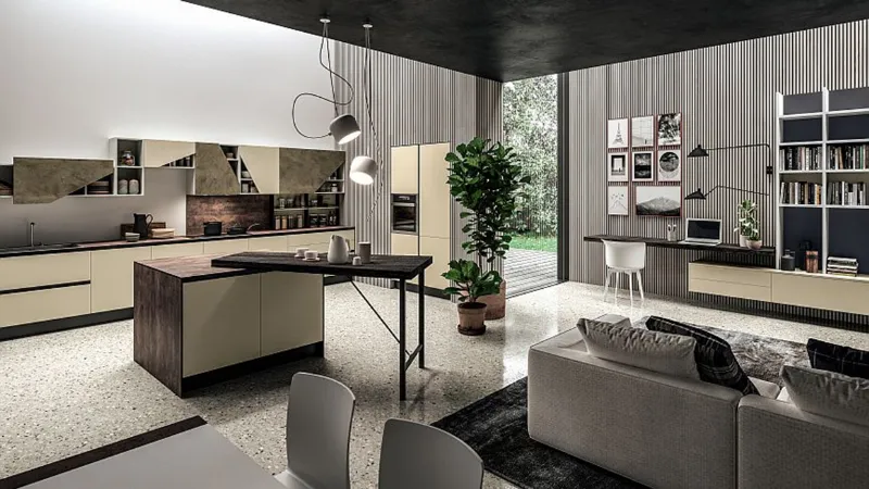 Mia di Aran Cucine. Cucina con living e zona home office integrata